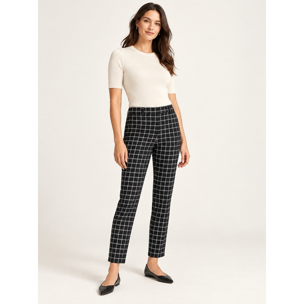 Banana Republic Womens Avery Plaid Pants 0 Black White Career Workwear Slim